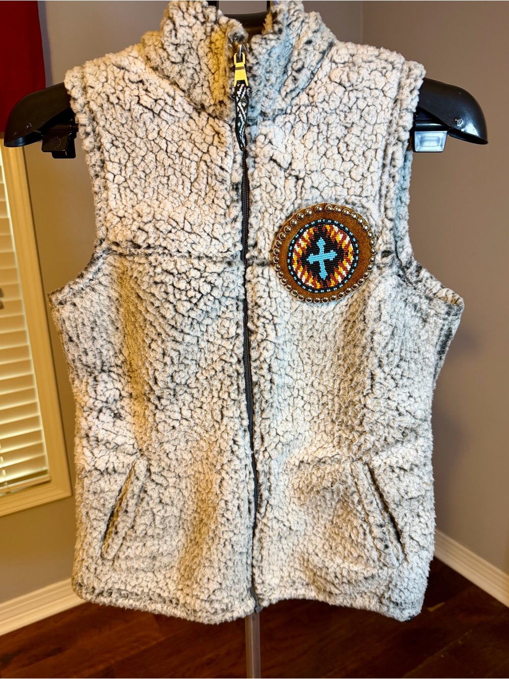 boxercraft Cream Sherpa Vest with Beaded Southwestern Medallion